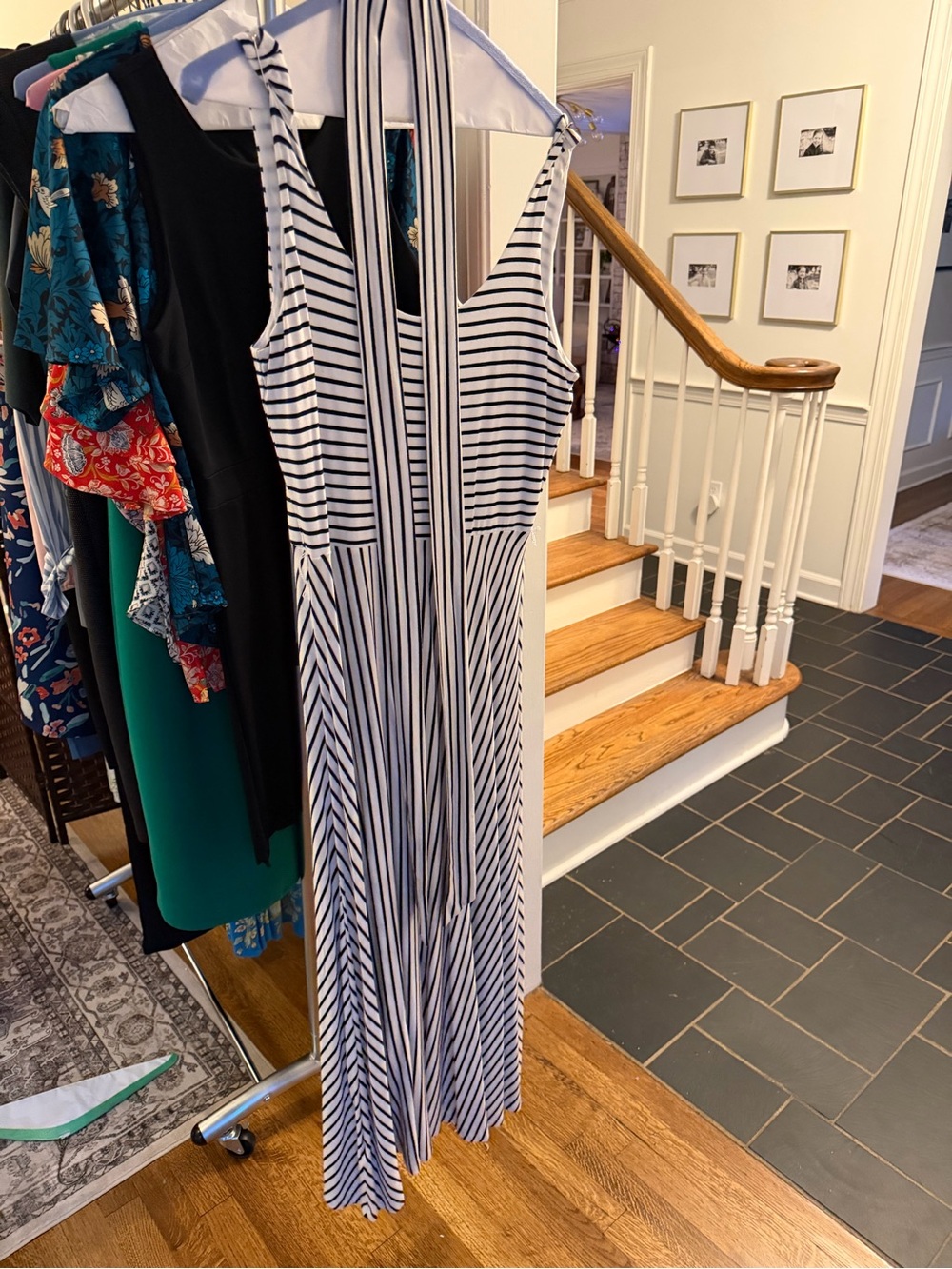 LOFT Navy and White Striped Halter Maxi Dress with Neck Ties